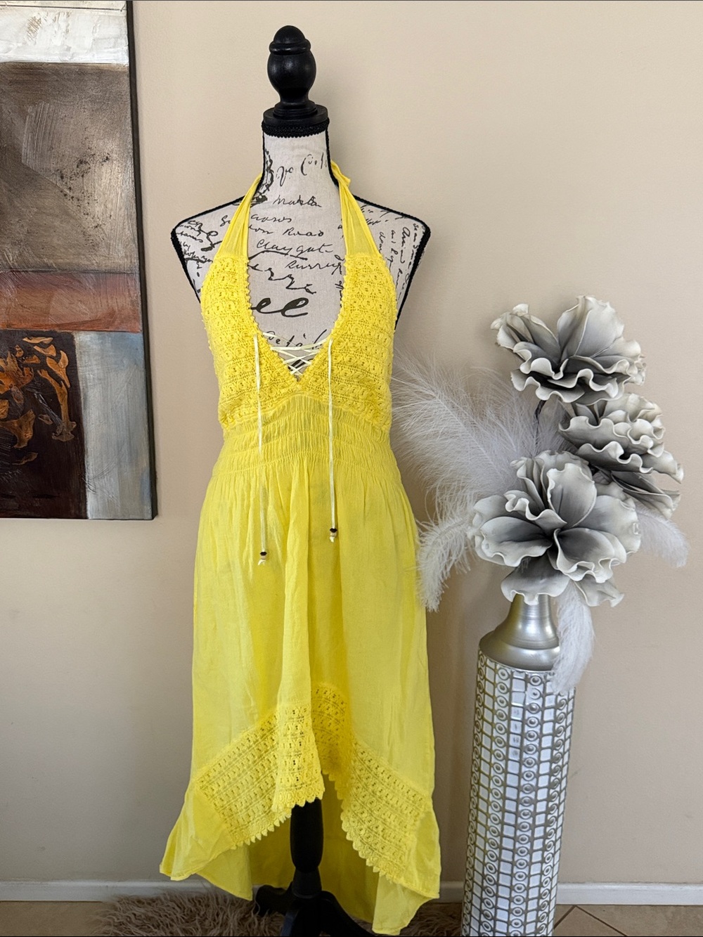 Yellow Halter Crochet Midi Dress